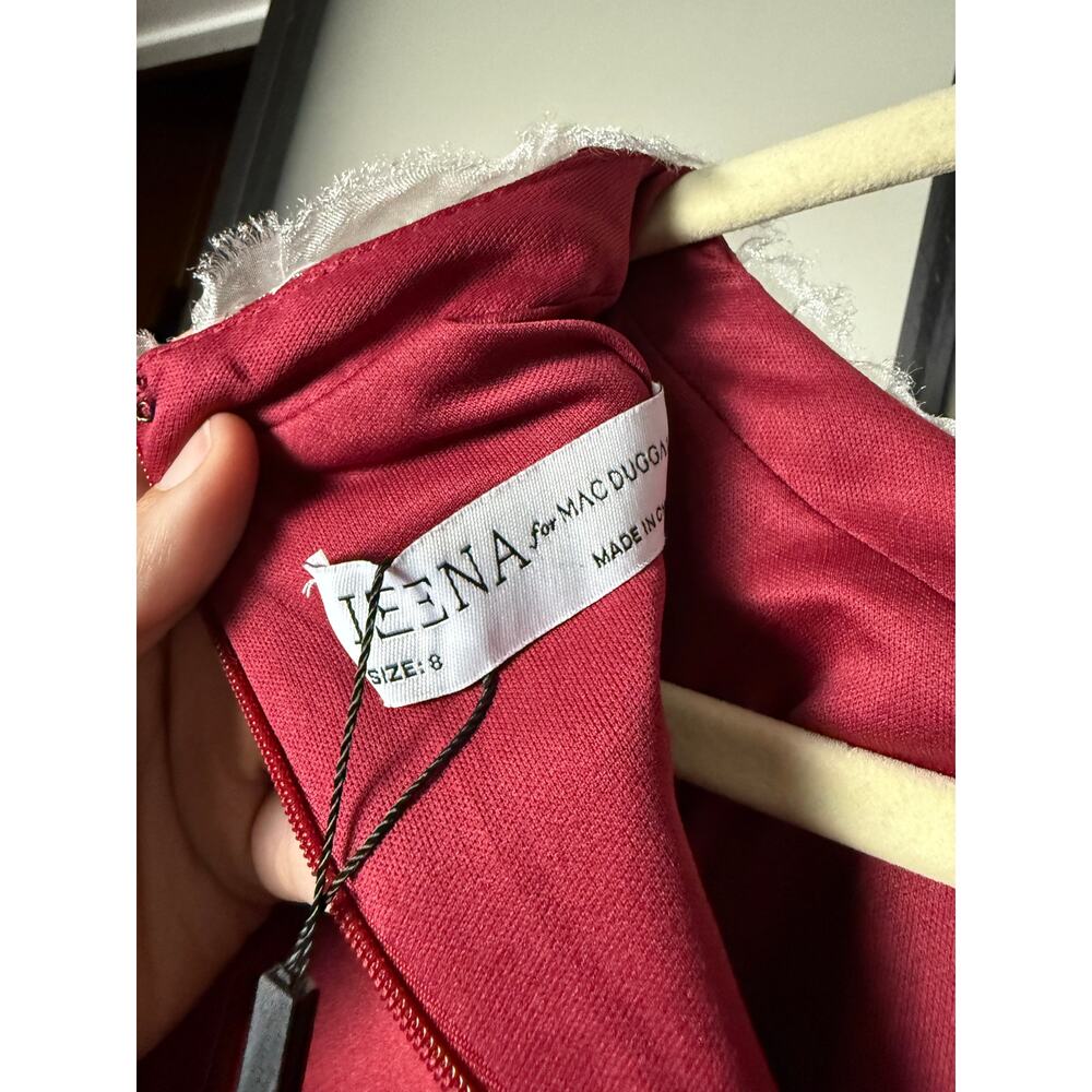Mac Duggal Red Satin Midi Dress with Balloon Sleeves - Picture 7 of 10